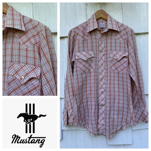 Mustang Western Pearl Snap Plaid Shirt Long Sleeves‎ Chest Pockets Size 15-32 - Picture 1 of 9